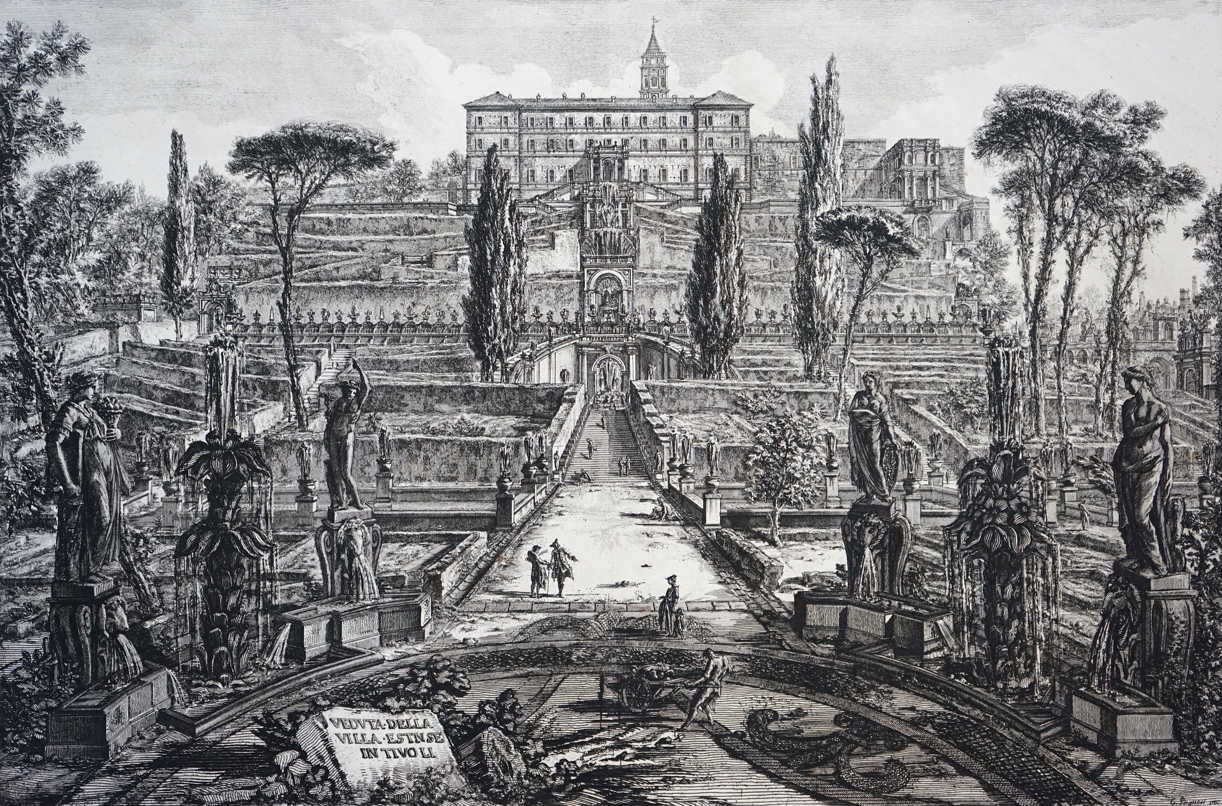 Giovanni Battista Piranesi (Italian, 1720-1778), Veduta de la Villa, Estense in Tivoli and Cascata de Tivoli, two etchings, 46 x 69.5cm and 48 x 70.5cm